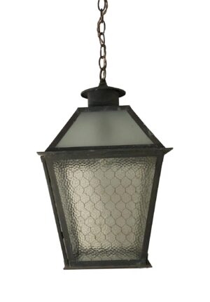 Industrial hanging lantern with a black finish, clear pebbled chicken wire glass panels, and a chain hanger.
