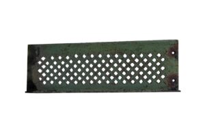 Green cast iron stair tread with a perforated diamond pattern and mounting holes at one end.