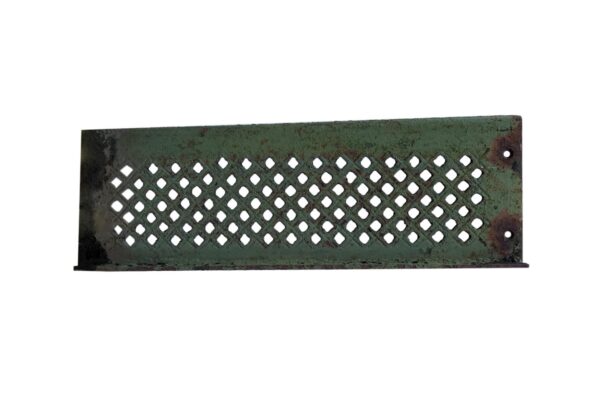 Green cast iron stair tread with a perforated diamond pattern and mounting holes at one end.