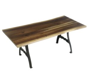 Live edge walnut dining table with a dark wood top and black cast iron legs, shown at an angled view.