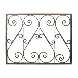 Antique wrought iron panel with a rectangular frame and four vertical sections of scrollwork.