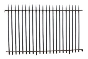 Tall wrought iron gate section with pointed spear finials and vertical bars, shown with matching fence posts and horizontal rails, in black finish.