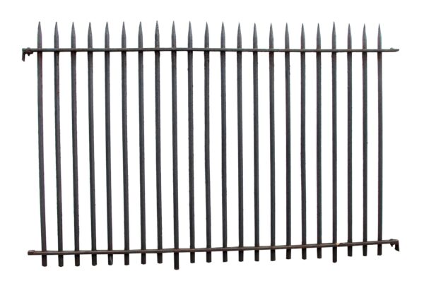Tall wrought iron gate section with pointed spear finials and vertical bars, shown with matching fence posts and horizontal rails, in black finish.