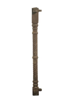 Cast iron corner post with a twisted spiral design and visible wear, shown full length with mounting tabs at both ends.