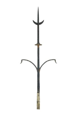 Gothic wrought iron roof finial with a tall pointed center spike, curved side arms, and visible wear and rust on the lower mounting section.