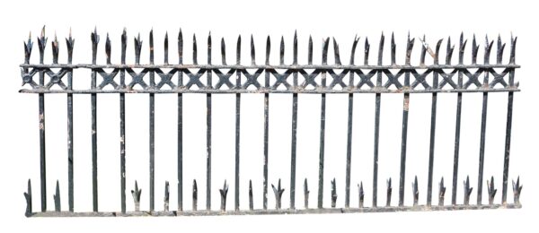 Wrought iron fence section with split finials and cast detail, shown in a straight-on view with pointed tops and long vertical bars.