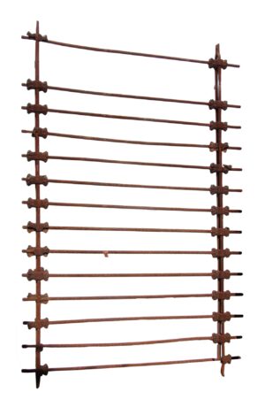 Wrought iron fence panel with floral castings and evenly spaced horizontal bars.