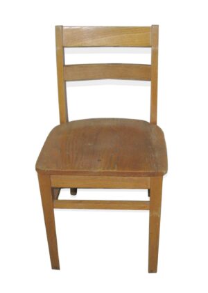 Medium-toned wooden chair with a simple ladder back and worn seat shown from the front.