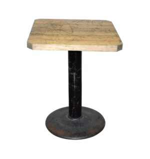 Bistro cafe table with a light wood butcher block top and a cast iron pedestal base, shown in a straight-on view.
