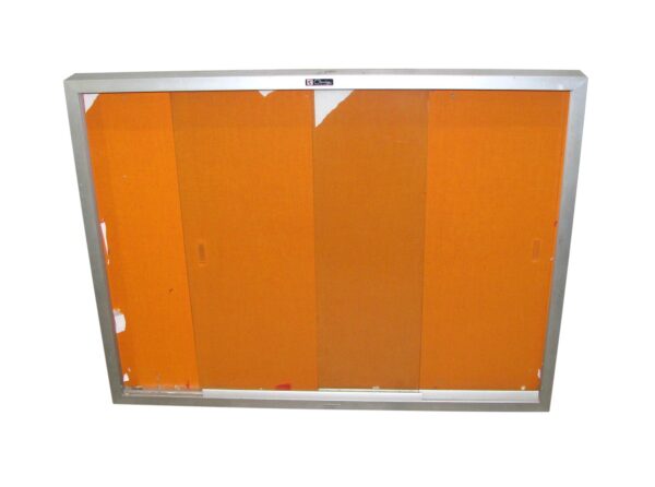 Glass-front showcase with sliding doors and an aluminum frame, shown from the front with four orange insert panels visible inside.