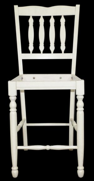 Vintage white wood chair frame with a tall slatted back and no seat.
