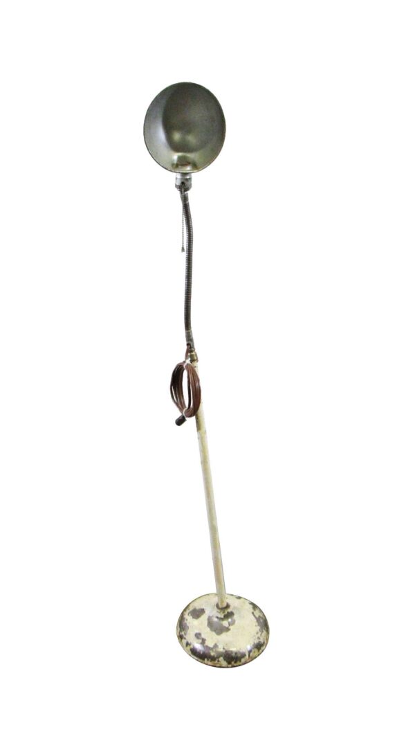 Industrial floor lamp with a round shade, flexible gooseneck, and distressed base visible in a full-length front view.