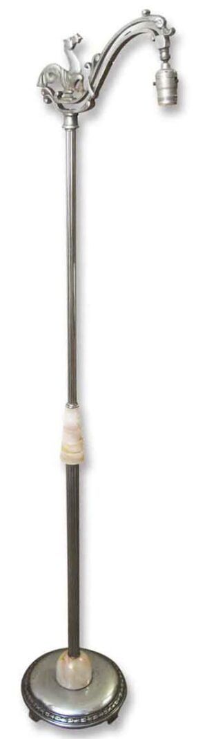Antique floor lamp with a horse motif at the top and marble details on the stem and base, shown in a full-length view.