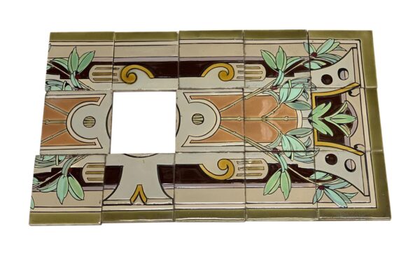 Ceramic floor tile set with bamboo detail, shown as a decorative arrangement with one missing center tile opening. The tan, brown, orange, green, and yellow glazed surface is visible with slight crackling and age-related wear.