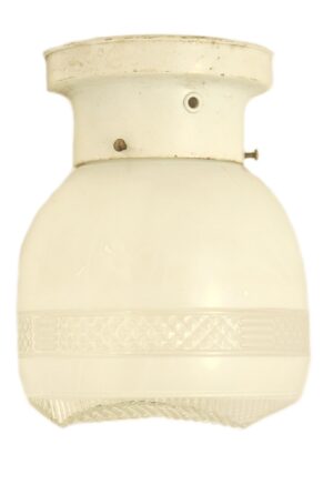 White and clear glass semi flush mount light with a white fitter, shown in a close-up view of the fixture’s upper and lower sections.