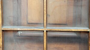 Close-up of a 10-lite French door showing four glass panes divided by medium wood tone muntins and frame.
