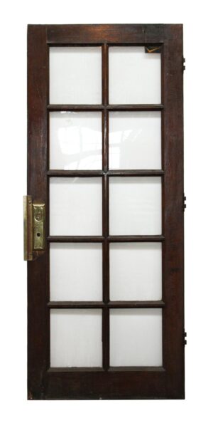 Ten-lite wood French door with a dark wood tone, glass panes, and a brass latch on the left side.