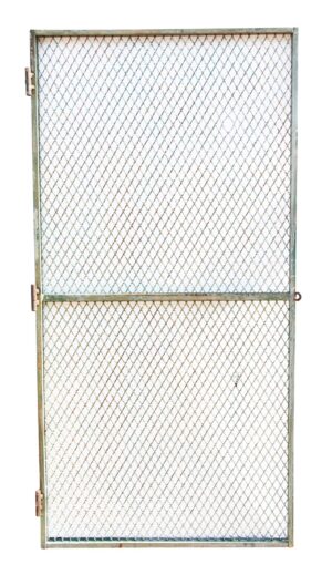 Vintage galvanized steel door grate with woven mesh, hinge hardware on the left, and a horizontal divider across the middle.