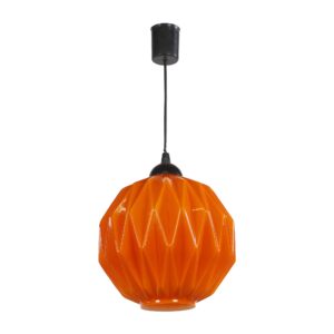 Pendant light with an orange geometric glass shade and a black cord.