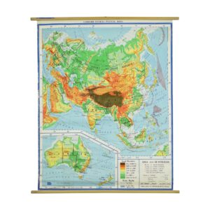 Vintage Asia and Australia roll-up map on canvas with wooden rods, showing landforms, political boundaries, and a printed legend along the lower edge.