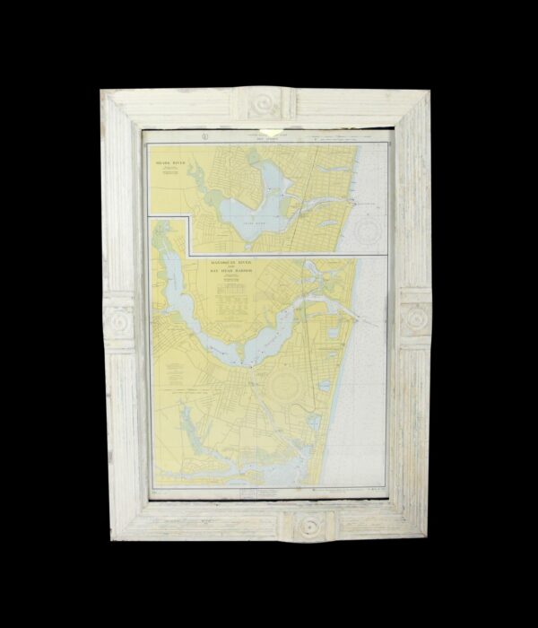 Framed nautical map of East Coast New Jersey shown in a handcrafted white crackled paint wood frame.