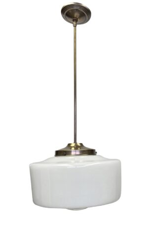 Mid-century pendant light with a long antique brass pole and a white milk glass shade.