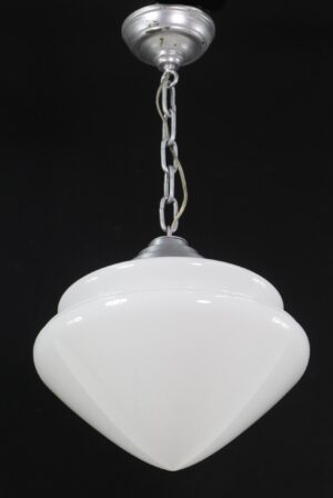 Mid-century pendant light with a two-tier milk glass shade, silver fitter, and chain suspension.