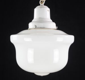 Schoolhouse pendant light with a milk glass shade and painted white chain, shown front view with the top canopy and hanging loop visible.