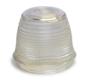 Clear glass globe with a ribbed surface and domed top, shown in close-up.