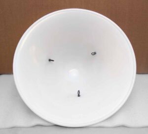 Round white glass shade shown front-facing with three visible mounting points, sold as shade only.