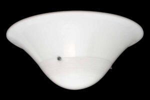 White glass rounded shade shown from below, with a ribbed lower section and a visible mounting point.