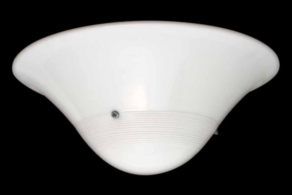 White glass rounded shade shown from below, with a ribbed lower section and a visible mounting point.