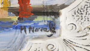 Hand-painted acrylic tin panel with layered blue, red, orange, white, and yellow brushstrokes and black markings, shown in close-up with part of the painted surface and worn texture visible.