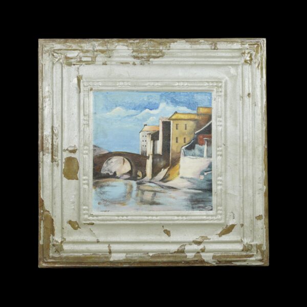 Hand painted tin wall panel with an Italian waterfront scene, shown in a distressed white frame with visible chipped paint.