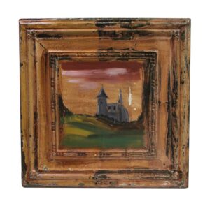 Hand-painted tin panel with a small castle scene in the center and a distressed frame-like border around it.