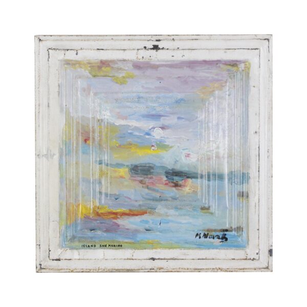 Handmade tin panel painting with an abstract pastel seascape in blue, purple, white, and yellow, shown within a distressed white wood frame.