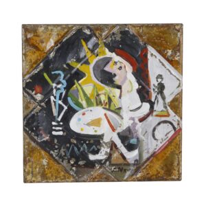 Abstract portrait painting on an antique tin panel, showing layered geometric shapes and a small figure in the center with multicolor paint and worn edges.