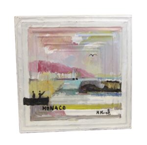 Abstract scenic painting on salvaged tin with pastel pink, blue, yellow, and black brushstrokes, shown in a white frame.
