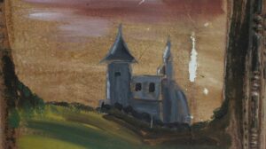 Hand-painted scenic tin panel showing a dark castle-like building with pointed towers against a warm orange-toned sky.