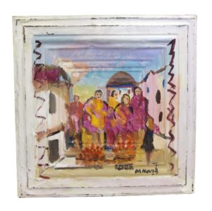 Original acrylic painting on antique tin showing several people walking through a village, with a blue sky and colorful buildings in the scene.