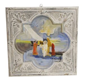 Hand-painted religious panel on antique tin with an ornate raised border and a small central scene in blue, orange, red, white, and yellow.