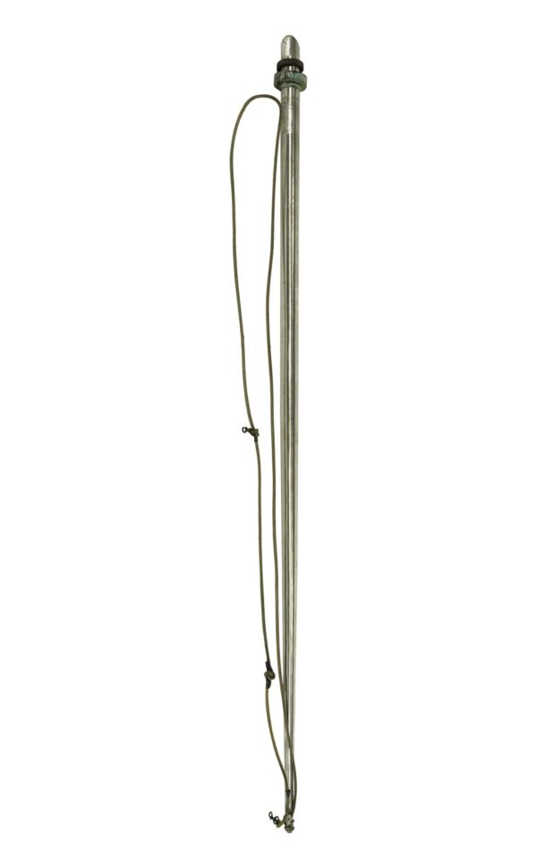 Vertical steel flagpole section with original rope and pulley hardware attached, shown in a close-up view.