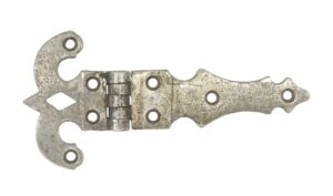 Antique ice box hinge with ornate cutout ends, four mounting holes, and a worn nickel finish over bronze.