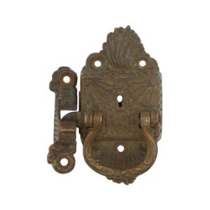Art Nouveau right-swing ice box latch in antique bronze, shown front view with ornate faceplate and matching strike plate.