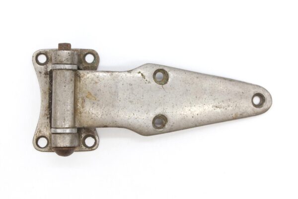 Vintage offset ice box door hinge with a worn nickel finish, shown in a side view with multiple mounting holes and visible surface wear.