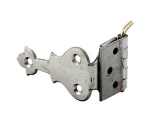Vintage nickel-finish brass hinge with mounting plate and pin, shown in a side view.