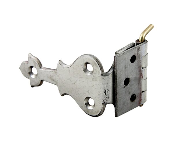 Vintage nickel-finish brass hinge with mounting plate and pin, shown in a side view.