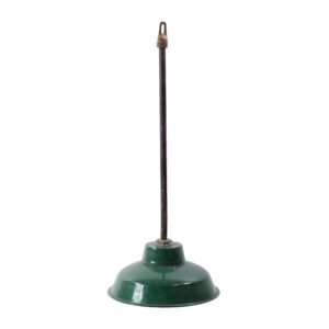 Industrial pendant light with a green enameled steel shade and a long cast iron pole, shown with the top mounting hardware visible.