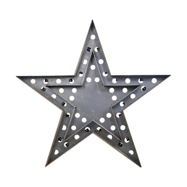Black metal star-shaped light frame with perforated sections and a rusted steel finish, shown from the front with no bulbs included.