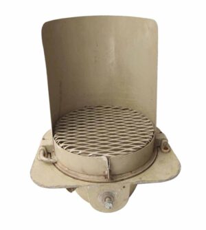 Gray metal industrial traffic light with a circular mesh guard and mounting base, shown from the front.